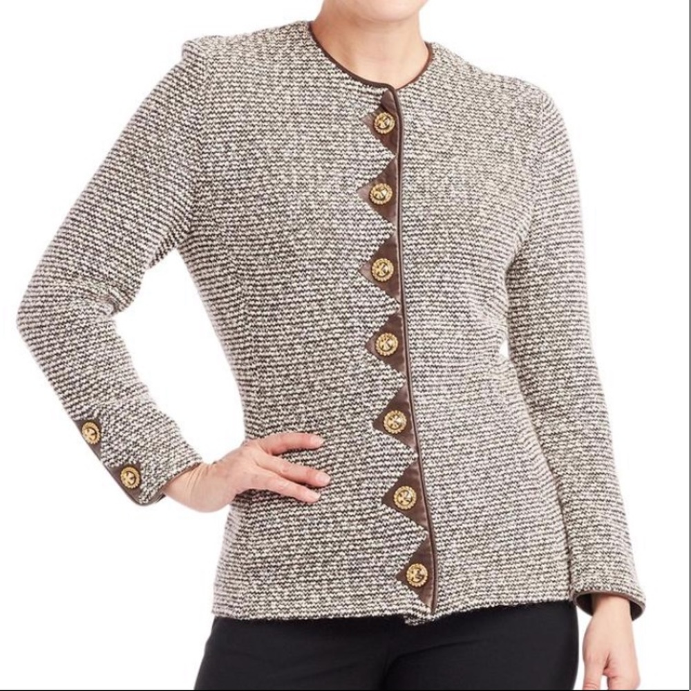 St John Tweed Boucle Knit Leather Trim Jacket Gold Buttons